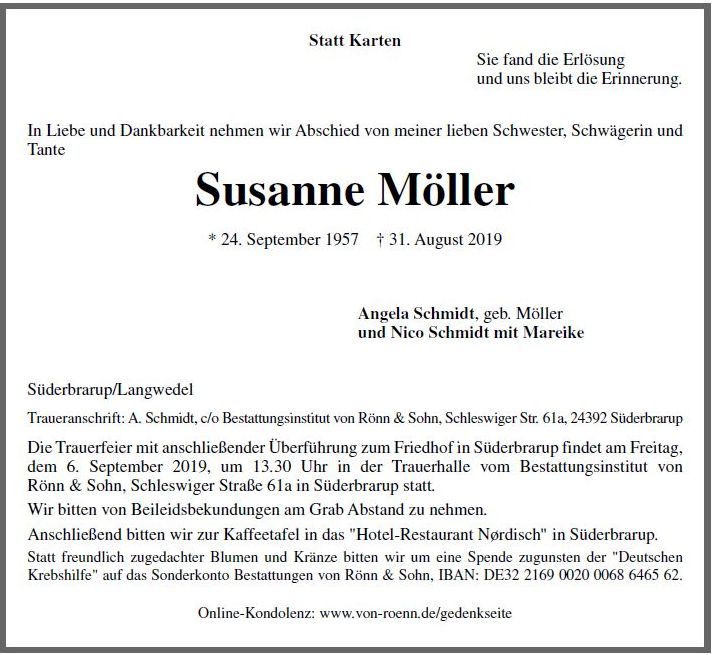 Susanne Moller 24 September 1957 31 August 2019 Bestattungsinstitut Von Ronn Sohn